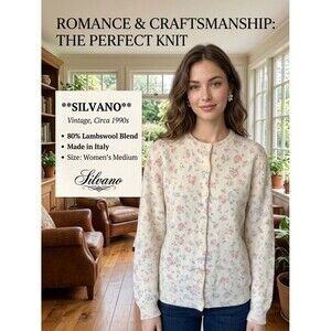 Vintage SILVANO Womens M Lambswool Rose Floral Cardigan Sweater Italy Cottage